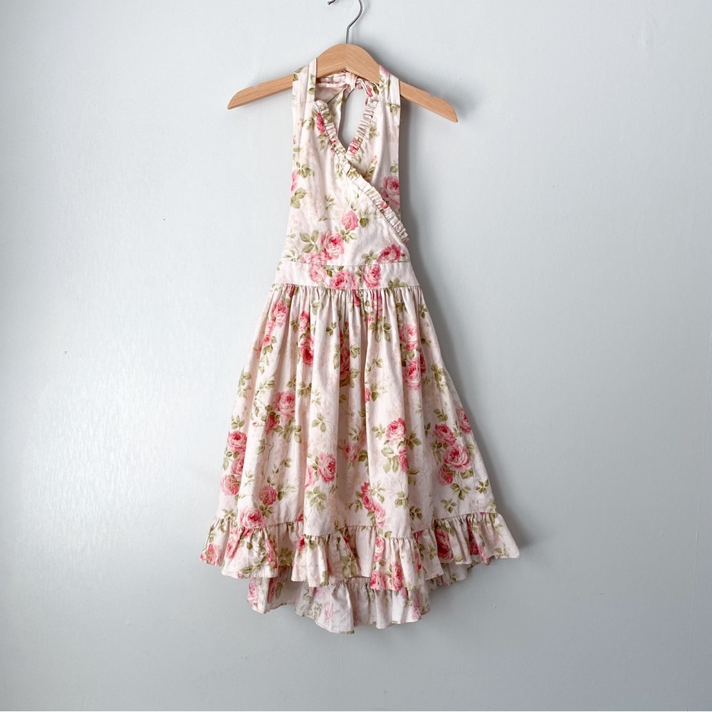 Vintage Y2K Floral Print Ruffle Halter Dress 100% Cotton 5T